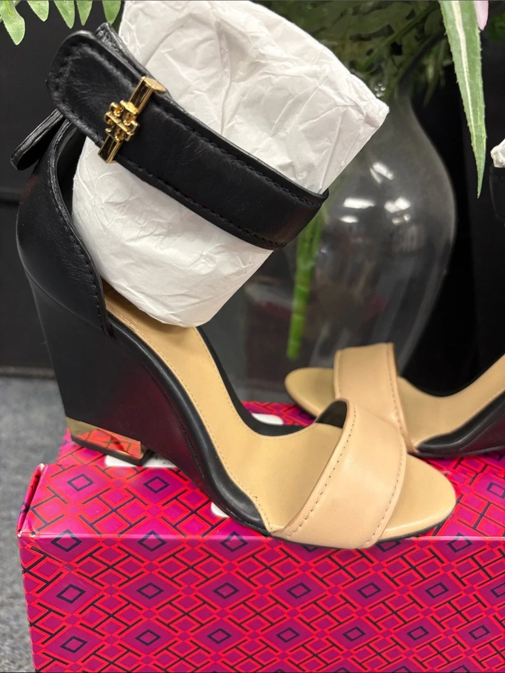 Tory Burch Two-Tone Open-Toe Ankle Strap Heels in Beige and Black